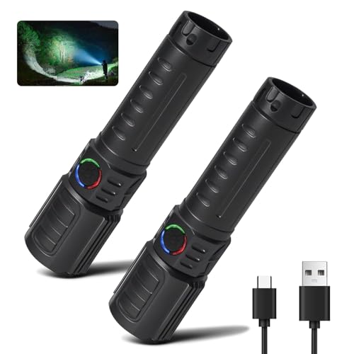 Lanshanchu LED Torch Rechargeable, 2 Pack 2000LM Super Bright Adjustable Focus Flashlight, 3 Lighting Modes, Long Battery Life, Waterproof Pocket Size Torch for Emergency and Camping