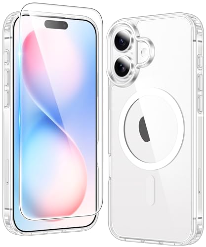 FNTCASE for iPhone 16 Plus Case: Clear Case Magnetic Military Grade Drop Protection Anti Yellowing Cell Phone Cover - Rugged Shockproof Protective Bumper Transparent Cases