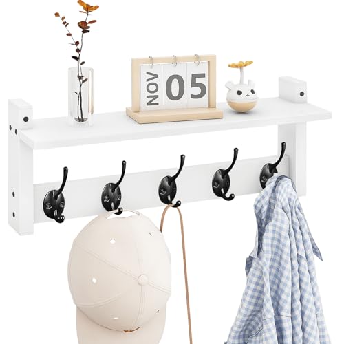 Image of Homode Wall Shelf with Hooks, Coat Rack Wall Mount with Pegs, Hanging Entryway Coat Hanger, Wood and Iron Shelf for Bathroom, Hallway, Bedroom, White