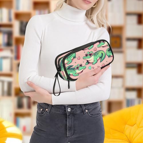 Image of ALAZA Alligator Crocodiles Pink Pencil Case Big Capacity 3 Compartment Pen Bag for Boys Girls Kids Pencil Holder Box Adult Makeup Pouch School Stationery Storage Bag