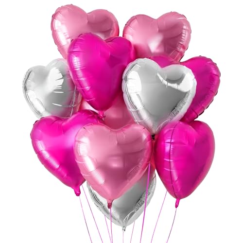 Image of KatchOn, Silver and Pink Heart Balloons- 18 Inch, Pack of 12 | Heart Shaped Balloon for Valentines Day Decorations | Galentines Balloons for Galentines Day Decorations | Happy Valentines Day Balloon