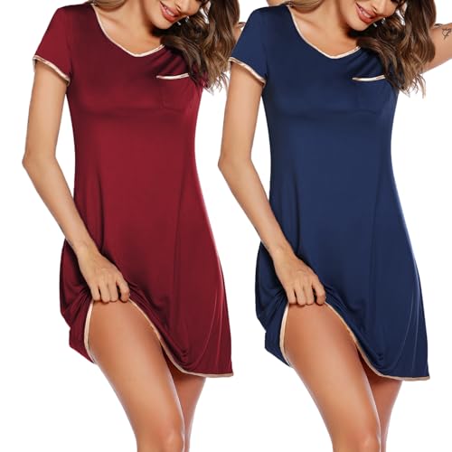 Ekouaer 2 Pack Nightgowns for Women Night Dress Short Sleeve Women's Sleepwear Sleep Shirts Soft Wine Red+Navy Blue L