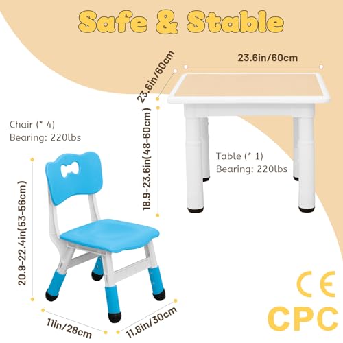 Image of FUNLIO Kids Table and 4 Chairs Set for Ages 3-8, Height Adjustable Toddler Table and Chair Set, Easy to Wipe Arts & Crafts Table, for Classrooms /Homes /Daycares, CPC & CE Approved(5 pcs set)-Multicolor