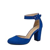 DREAM PAIRS Women's High Heel Ankle Strap Closed Toe Chunky Wedding Party Pumps Shoes,Size 8.5,Royal/Blue/Suede,Angela