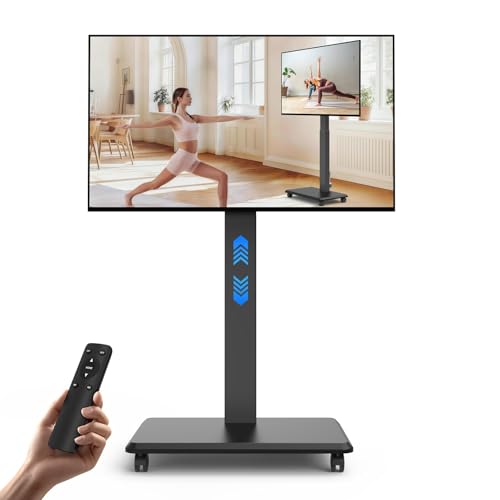 Motorized Mobile TV Stand on Wheels for 32-75 Inch TVs up to 176 lbs Electric Height Adjustable Rolling TV Cart Heavy Duty Portable Rolling TV Stand Smart Remote with Memory Presets Black