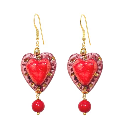 MARARDI Pendientes Mujer Italianos Cerámica de Caltagirona [Corazón Lover Rosa] Largos Handmade Joyería Italiana Originales Elegantes para Diario Bodas Eventos Ocasiones Especiales