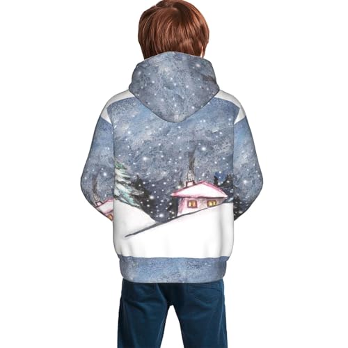 Watercolor Winter Landscape For Christmas Kid Hoodies Boys Sweatshirts Girls Pullover with Pocket4