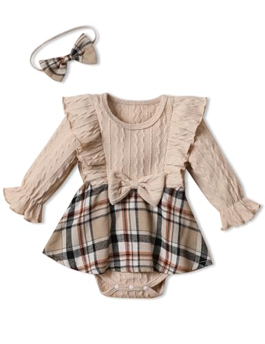 Image of Woleroyir Newborn Baby Girl Clothes Long Sleeve Knit Jumpsuit Ruffle Romper with Headband Baby Clothes for Girls 0-12 Months