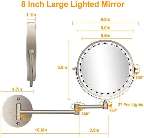 Amelar 8 Inch Wall Mounted Makeup Mirror USB Rechargeable LED 3 Color Lights Two Sided 1X/10X Magnifying Mirror Touch Switch Intelligent Shutdown 360° Swivel Vanity Mirror for Bathroom Hotel(Nickel)