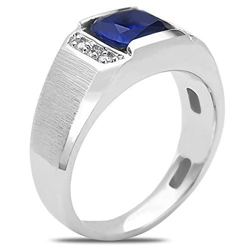 The Diamond Deal 10K Solid White Gold Men’s Round Shaped Lab-Created Sapphire Gemstone And Diamond Accent Wedding Band Ring Father’s Day Ring For Men #TOP1