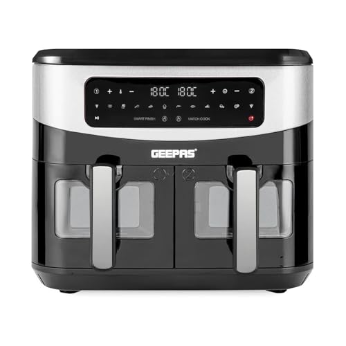GEEPAS Dual Zone Digital Air Fryer with Visual Window | 9L XL Capacity 2 Drawers 10-In-1 Cooking Presets | Touch Screen Smart Finish Timer Function Dishwasher-Safe Healthy Oil Free (Renewed)