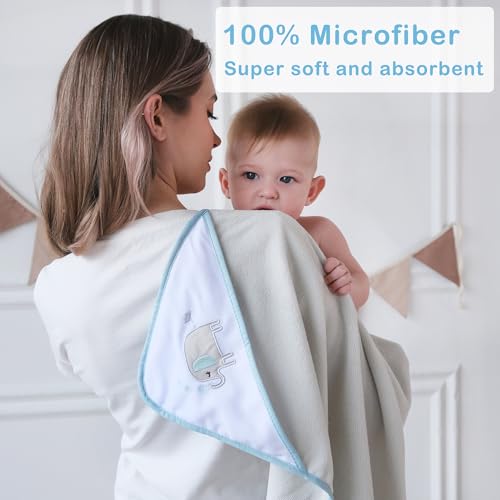 Image of Viviland Baby Towels and Baby Wash Cloths Set Hooded Baby Towels Baby Wipes Absorbent Bath Face Towels Burp Cloths or Face Towels for Girl Boy 6-Pack Size 28 x 28 Inch(Blue Elephant)