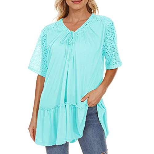 Womens Lace Hollow Short Sleeve Tops Solid V Neck Tie Ruffle Stitching T Shirt Summer Pleated Loose Tunic Blouse Tees