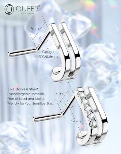 OUFER 2PCS 20G Nose Studs for Women and Men, L-Shaped Stainless Steel Nose Rings with Clear CZ, Double Rows or Cross Design, Nostril Piercing Jewelry3