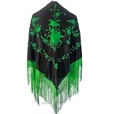 Yusons Mantón de Manila Mujer de Pico en Triángulo, Mantones de Flamenca Bordado en Flores, Mantoncillos de Flamenca de Flor (Negro/Verde)