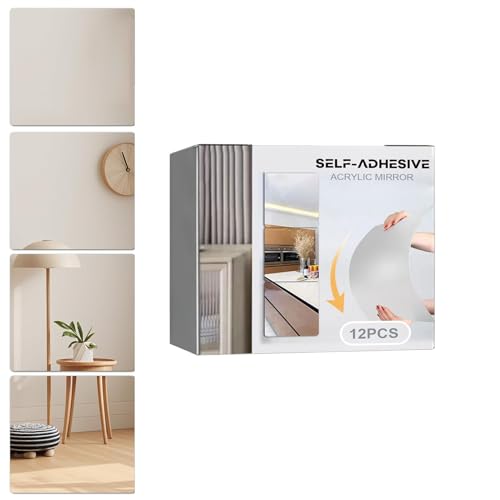 Espejos autoadhesivos de pared, 12 unidades, adhesivos acrílicos cuadrados | Hoja de espejo flexible de 9,9 x 9,9 cm | para armario, salón, garaje, pared y decoración para la casa