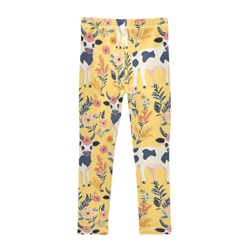 Wusikd Cows Flowers Girls' Leggings Toddler Doodles Boho Yellow Kids Yoga Pants Dance Active Tights 4T2