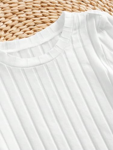 Image of WDIRARA Toddler Girl's Lettuce Trim Ribbed Knit Round Neck Short Sleeve Tee Top 4 Piece Set