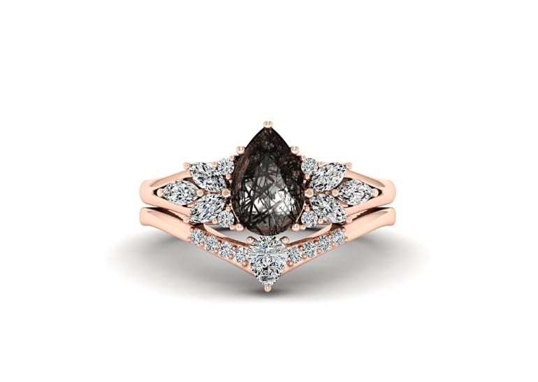 Vintage black Gold Stacking Ring with pear rutilated quartz– Classic Engagement Ring Set,anniversary ring set,art deco womens ring promise ring3