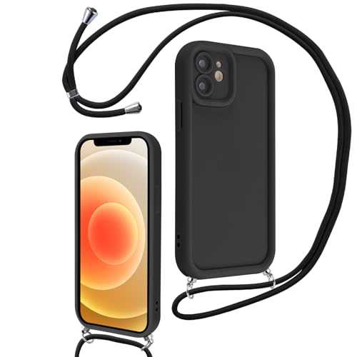 Coalbooliy Coque pour iPhone 12 6,1" avec Cordon de Collier Réglable, Etui Protection de la Caméra Silicone Souple TPU Antichoc Housse avec Corde Lanyard Cover pour Femmes Filles, Noir