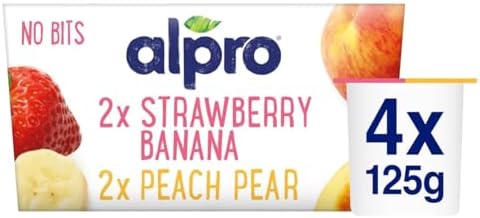 Alpro No Bits Strawberry-Banana & Peach-Pear, Plant-Based & Soya Yoghurt Alternative, Vegan & Dairy Free, 4 x 125g