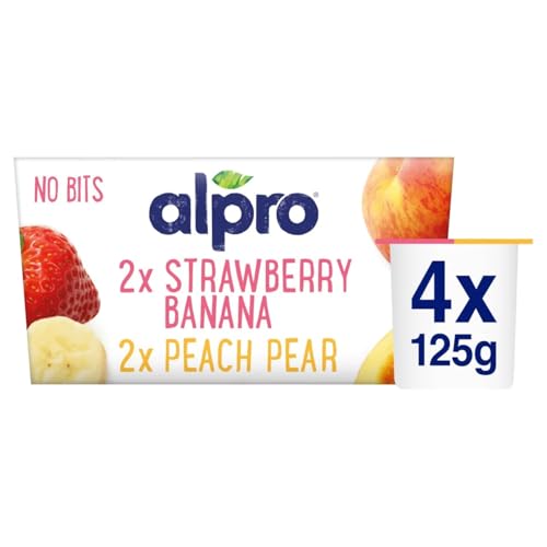 Alpro No Bits Strawberry-Banana & Peach-Pear Plant-Based & Soya Yoghurt Alternative Vegan & Dairy Free 4 x 125g