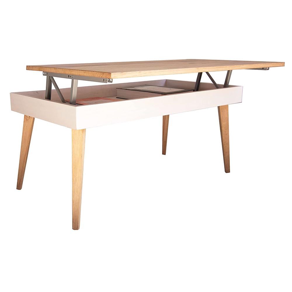 LoMasCasa - Mesa de Centro Elevable con Cajón Modelo Karol de Estilo Nórdico con Acabado Madera y Blanco Fabricada en Madera Natural Maciza de Pino con Medidas: 100 x 50 x 47 cm