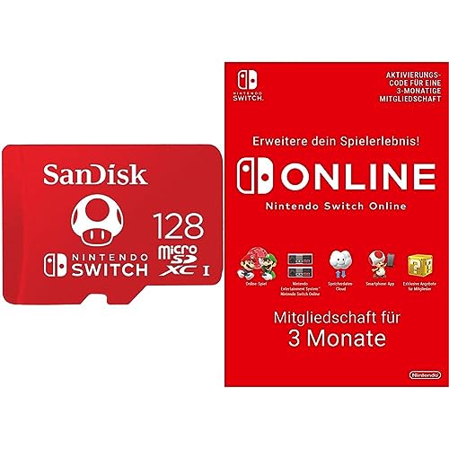 SanDisk microSDXC UHS-I Speicherkarte für Nintendo Switch 128 GB (V30, U3, C10, A1, 100 MB/s) + Nintendo Switch Online Mitgliedschaft - 3 Monate | Switch Download Code