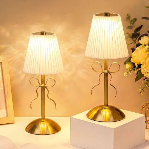 Image of Liliful 2 Pcs Cordless Table Lamp Rechargeable Touch LED Small Gold Portable Battery Operated USB-c Desk Lamp 3 Color Dimmable for Bedroom Living Room Dining (Gold,Beige Cloth Style Bow)