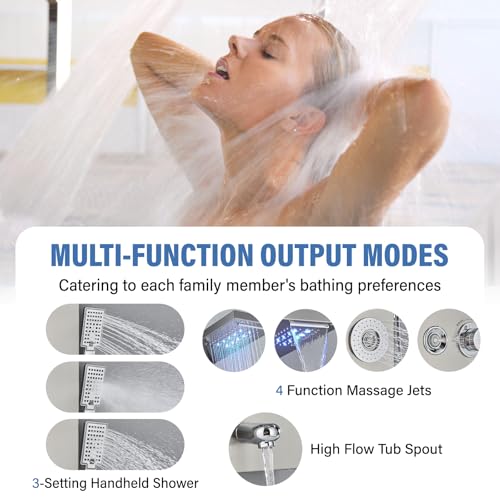 Image of FUZ Shower Panel Tower System, Stainless Steel 6 Function Shower Panel System with LED Fancy Rain Shower Head and Handheld, Comfortable Rain Massage Body Jet and Tub Spout, Brushed Nickel Shower Tower
