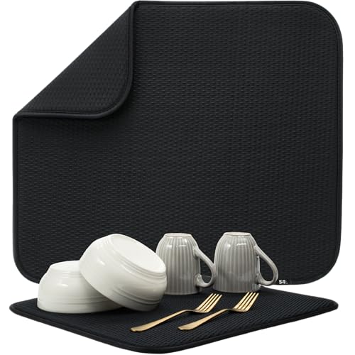 S&T INC. Dish Drying Mat, 16” x 18”, Absorbent Microfiber Kitchen Counter Mat, Drying Pad for Dishes, Utensils, Pots and Pans, Large, Diamond Texture, Black