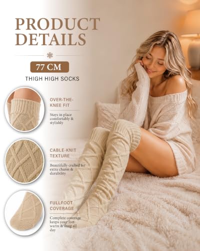 Image of Pcavin Thigh High Socks for Women, Long Cable Knit Over Knee Boot Stockings | Extra Long Fit, Cable Knit Texture, Warm Thick Knit, Winter Boot Socks, Cozy Leg Warmers, Sweater Sock Style