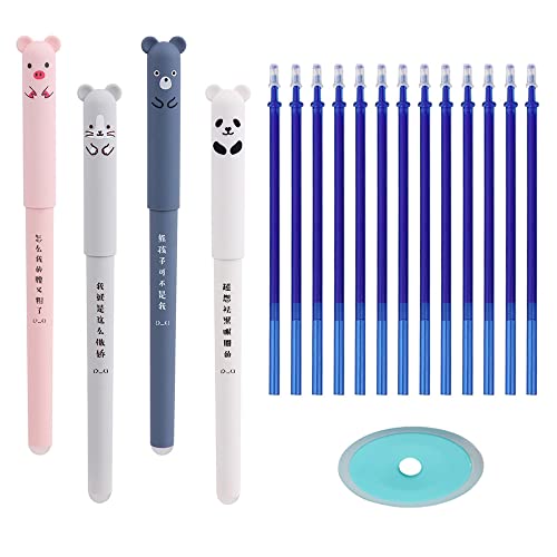 4 Piezas Bolígrafos de Gel Borrables, Bolígrafo de Animales Bonitos, Bolígrafo de Tinta Borrable con 12 Recambios Azul para Niños, Estudiantes y Adultos Cover