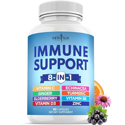 NEW AGE 8 in 1 Immune Support Booster Supplement with Echinacea, Vitamin C and Zinc 50mg, Vitamin D...