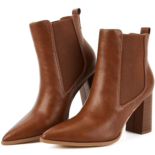 Putu Women's Pointed Toe Ankle Boots Chunky Heel Chelsea Boots Pull on Heeled Booties with Elastic Gore