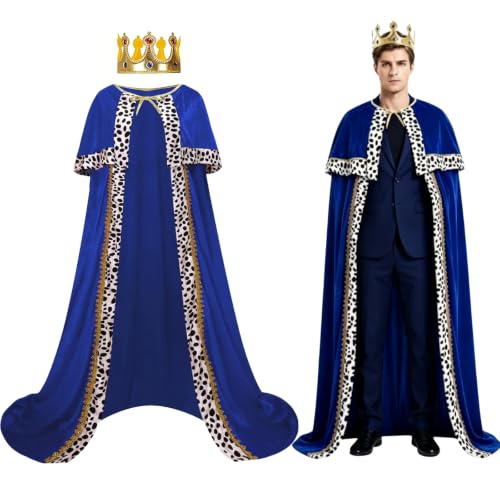 Costume de roi pour homme avec cape de velours rouge et sceptre d'Halloween