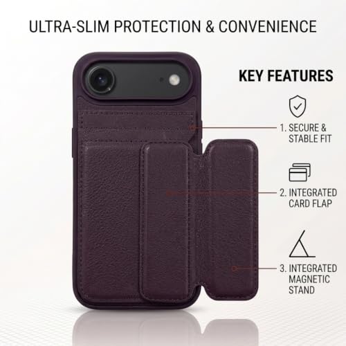 Image of amazon basics Luxury Vegan Leather Back Cover for iPhone 17 Air | Built-in Card Holder Slot | Integrated Mobile Stand | Slim Shockproof Protective Case with Stitched Finish - Purple