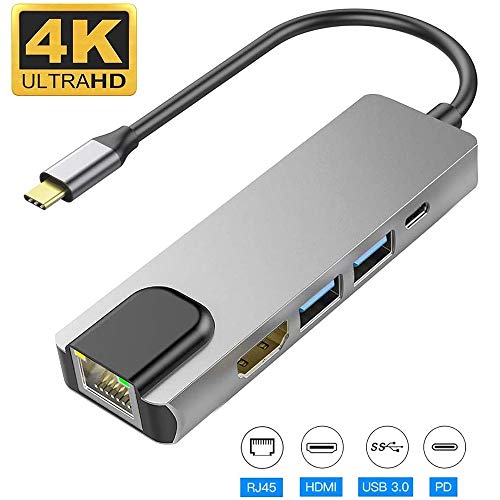 Adaptador de concentrador USB C, USB C a HDMI 4K, 5 en 1 USB C Hub con Gigabit Ethernet RJ45, puerto de entrega de energía tipo C, 2 puertos USB 3.0 para Macbook Pro/Air, Samsung, Huawei