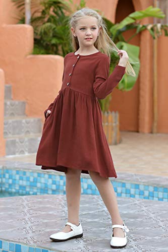 GORLYA Girl's Short Sleeve Button Up Pleated Waist Loose Casual Linen Midi Dress with Pockets for 4-12 Years Kids3
