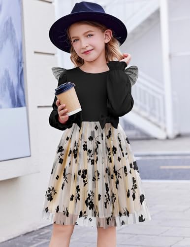 Image of Arshiner Toddler Girls Tulle Dresses with Bow Tie Fall Winter Long Sleeve Formal Party Dress 1-7 Y