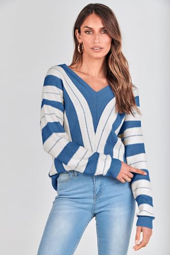 PRETTYGARDEN Sweaters for Women 2025 Long Sleeve Striped Knitted V Neck Pullover Jumper Tops Fall Outfits Fashion Clothing