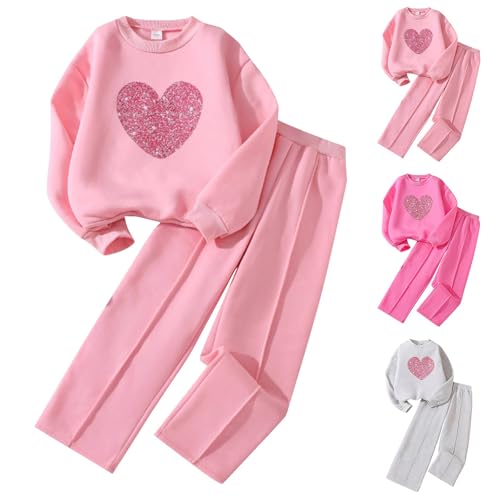Girls Preppy Athletic Jogger Set Cute Heart Cotton Long Sleeve Pullover Sweatshirts Elastic Waist Plain Baggy Pants Set2
