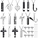 Huquary 16 Pcs Urn Necklace for Ashes Waterproof Stainless Steel Carved Ashes Locket with 8 Filling Kit Heart Cylinder Cross Cubic Fish Hook Jewelry for Ashes with Wing Diamond for Men Women (White)