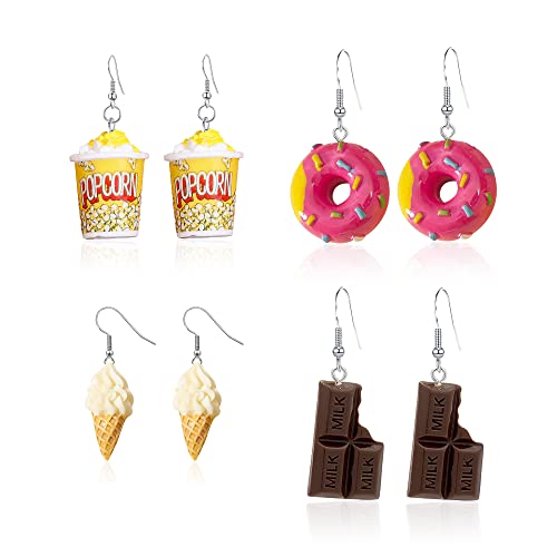 Anmpab 4 Pairs Imitation Cartoon Food Earrings Resin Popcorn Ice Cream Chocolate Donut Dangle Earrings for Daughter Friends Set