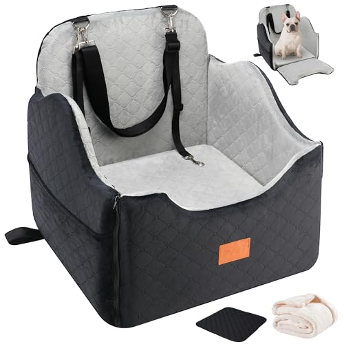 XEEP Dog Car Seat Bed for Small/Medium Dogs – Dog Booster Car Seat Up to 35 lbs -Use Travel Booster Seat with Memory Foam, Safety Belt, Bonus Urine Pad & Blanket, Removable Washable (Black/Grey)