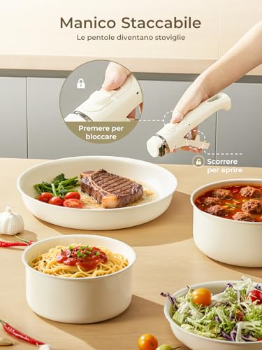 FOHERE Set di Pentole e Padelle Antiaderenti Induzione Alluminio Ceramica da 8 Pezzi con 2 Manici Amovibili e 2 Coperchi, Padella 20/28cm, Casseruola 16/20cm, Adatto Lavastoviglie, Gas e Forno - immagine 6