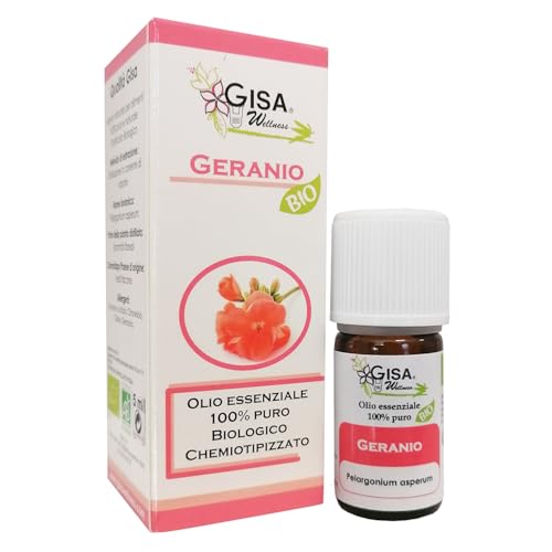 Gisa Wellness - GERANIO - Aceite esencial orgánico - 100% puro y natural - [5ml] - Indicado para uso interno - Aromaterapia - Cuidado personal - Bienestar - Made in Italy