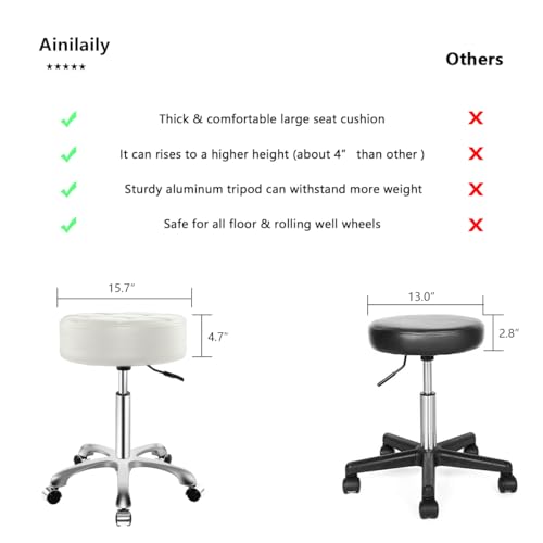 Image of Ainilaily Rolling Stool with Wheels, Thick Cushion Heavy Duty Esthetician Hydraulic Chair Stool for Work Medical Tattoo Salon Office (White)