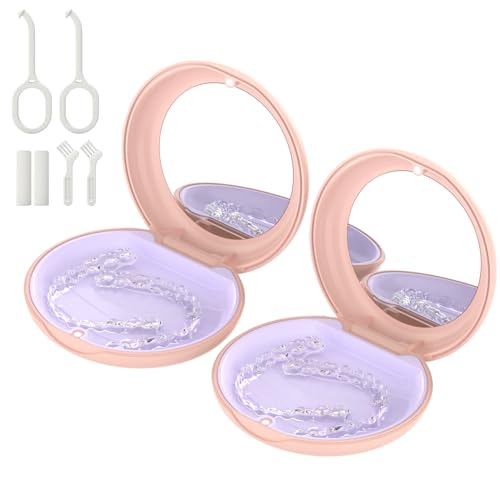 Pacote com 2 capas retentoras com espelho, compatível com Invisalign, estojo alinhador ortodôntico com ferramenta de remoção e escova, rosa
