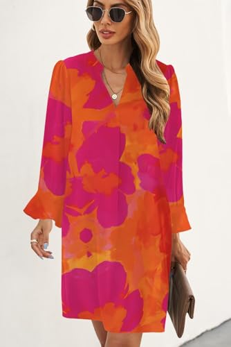 Image of Wkior Womens Fall Ruffle Long Sleeve V Neck Shift Dresses (S-XXL)